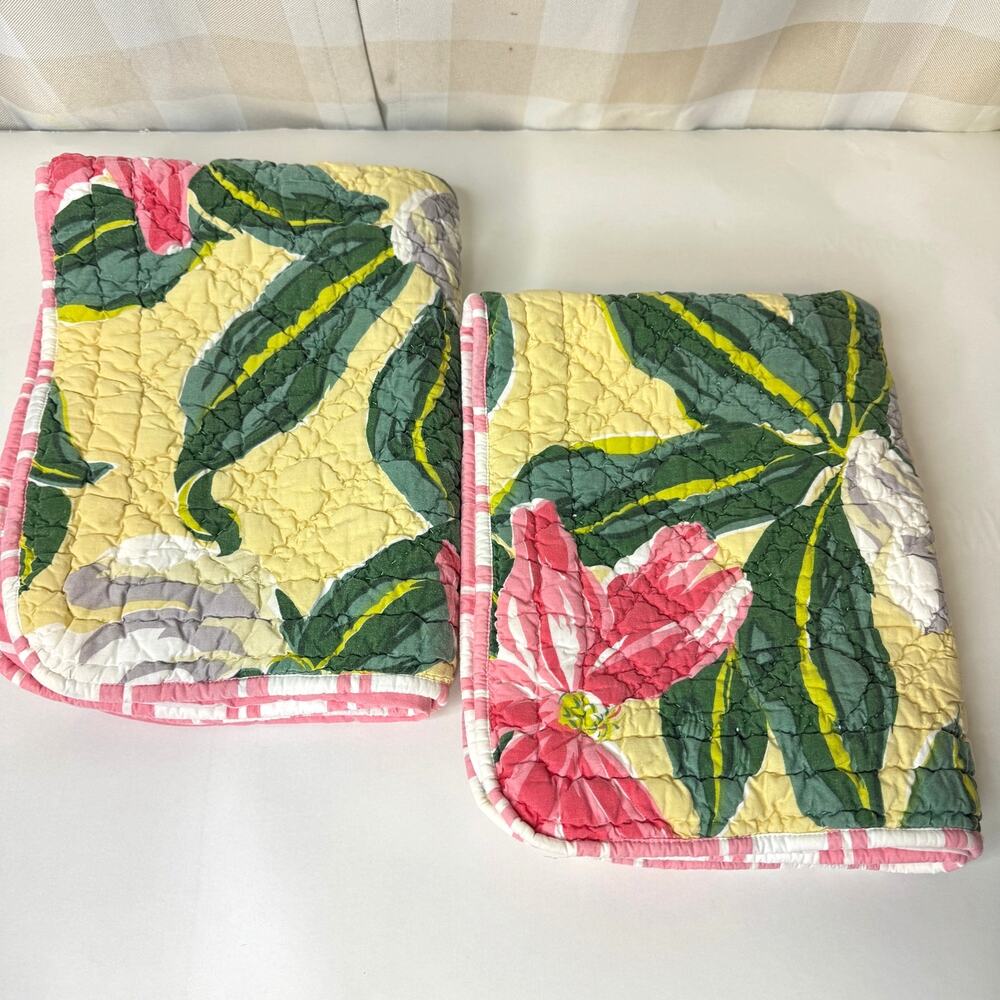 2 Pine Cone Hill Quilted Pillow Shams Floral Yellow Green Pink Stripes